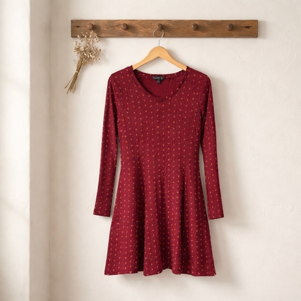 Toad & Co Burgundy Fit Flare Knit‎ Dress V Neck Long Sleeve Boho Casual